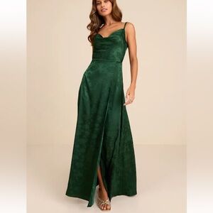 Simply Dreamy Emerald Green Satin Floral Jacquard Maxi Dress